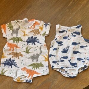 Dinosaur and Whale Print Baby Rompers 3M